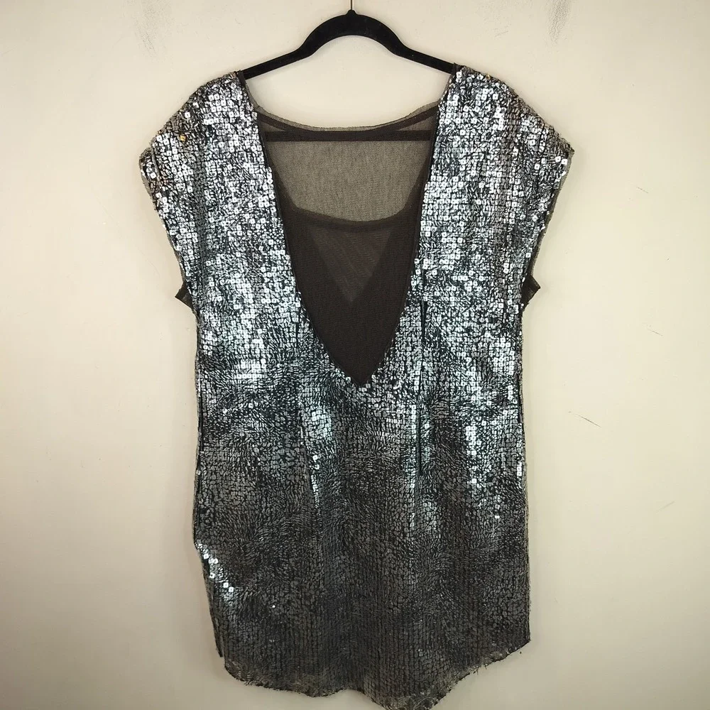 Free People Sequin Mini Dress Womens Medium Sheer Mesh V-Neck Party Glam Silver